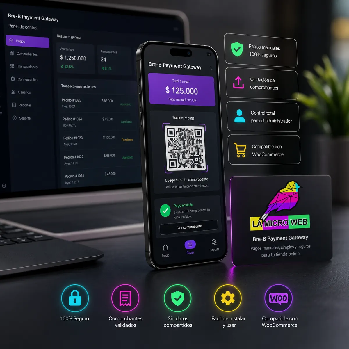 Bre-B Payment Gateway: pagos manuales seguros para WooCommerce Bre-B Payment Gateway muestra pagos manuales con QR y validación de comprobantes para WooCommerce